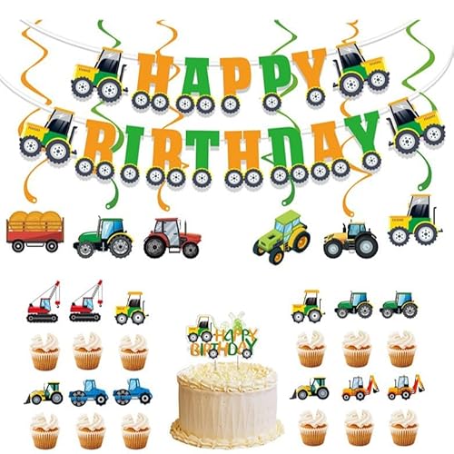Traktor Thema Geburtstag Party Dekorationen Set, Happy Birthday Banner, Cake Topper, 12 Cupcake Topper, 6 Spiral Dekorationen Traktor Thema Geburtstag Party Dekorationen Set, Happy Birthday Banner, Cake Topper, 12 Cupcake Topper, 6 Spiral Dekorationen von Husdeco