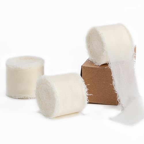 Husfunov Elfenbeinfarbenes handgefertigtes Chiffonband, 3,8 cm x 3 Rollen, insgesamt 22 m, elfenbeinfarbenes Fransenband, Chiffon-Seidenband, zum Verpacken von Hochzeitseinladungen, Brautsträußen Husfunov Elfenbeinfarbenes handgefertigtes Chiffonband, 3,8 cm x 3 Rollen, insgesamt 22 m, elfenbeinfarbenes Fransenband, Chiffon-Seidenband, zum Verpacken von Hochzeitseinladungen, Brautsträußen von Husfunov