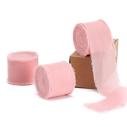 Husfunov Handgefertigtes Chiffonband, 3,8 cm x 3 Rollen, insgesamt 22 Meter, rosafarbenes Chiffon-Seidenband, zum Verpacken von Hochzeitseinladungen, Brautsträußen, Bastelarbeiten, Heimdekoration und Husfunov Handgefertigtes Chiffonband, 3,8 cm x 3 Rollen, insgesamt 22 Meter, rosafarbenes Chiffon-Seidenband, zum Verpacken von Hochzeitseinladungen, Brautsträußen, Bastelarbeiten, Heimdekoration und von Husfunov