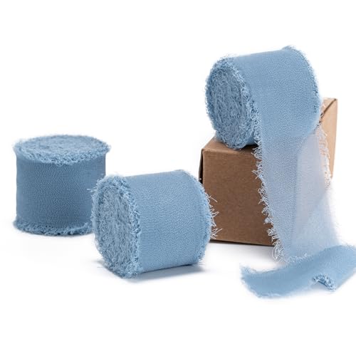 Husfunov Handgefertigtes Chiffonband, 3,8 cm x 3 Rollen, insgesamt 22 Meter, staubblaues Chiffon-Seidenband, zum Verpacken von Hochzeitseinladungen, Brautsträußen, Bastelarbeiten, Heimdekoration und Husfunov Handgefertigtes Chiffonband, 3,8 cm x 3 Rollen, insgesamt 22 Meter, staubblaues Chiffon-Seidenband, zum Verpacken von Hochzeitseinladungen, Brautsträußen, Bastelarbeiten, Heimdekoration und von Husfunov