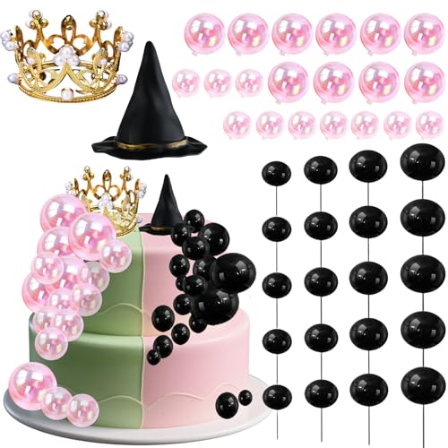 42-teiliges Hexenparty-Dekorationsset – Halloween-Kuchenaufsätze mit schwarzen Luftballons, silberner Krone, Hexenhut und Glitzerkugeln für Geburtstag, Fantasie-Partyzubehör (rosa Kugel + goldene 42-teiliges Hexenparty-Dekorationsset – Halloween-Kuchenaufsätze mit schwarzen Luftballons, silberner Krone, Hexenhut und Glitzerkugeln für Geburtstag, Fantasie-Partyzubehör (rosa Kugel + goldene von Hushblade