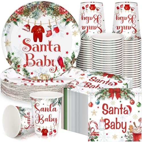 Hushee 200 Stück Babyparty Pappteller Servietten Becher Babyparty Partyzubehör Geschirr-Set Einwegbecher Serviette für 50 Gäste Party Dekoration (Rot, Weihnachtsmann) von Hushee