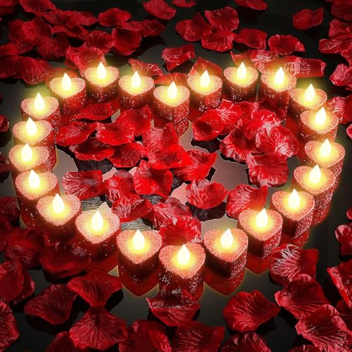 24 Stück helle romantische Herz LE-D kerzen mit 1200 Stück künstlichem Rosenblatt - Romantische Dekorationens, flammenlose romantische Liebeskerze für die Hochzeitstisch zum Valentinstag Deko 24 Stück helle romantische Herz LE-D kerzen mit 1200 Stück künstlichem Rosenblatt - Romantische Dekorationens, flammenlose romantische Liebeskerze für die Hochzeitstisch zum Valentinstag Deko von Hutato