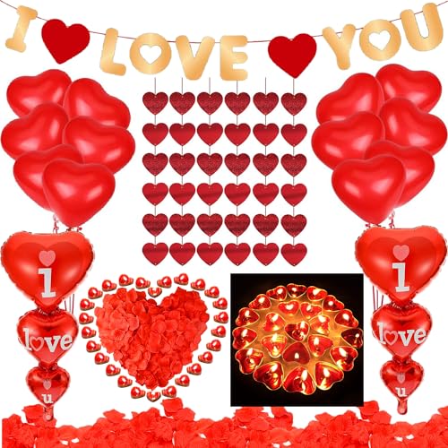 Romantische Dekorationen – Kerzenblätter, Luftballons, Dekorationsset – 50 rote herzförmige Duftkerzen, 1000 Stück rote Rosenblätter, Herz-Folienballons für Valentinstag, Dekoration, Verlobung, Romantische Dekorationen – Kerzenblätter, Luftballons, Dekorationsset – 50 rote herzförmige Duftkerzen, 1000 Stück rote Rosenblätter, Herz-Folienballons für Valentinstag, Dekoration, Verlobung, von Hutato