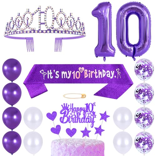 10. Geburtstags Krone Schärpe Mädchen Kristall Queen Tiara Princess Crown 10 Jahre Geburtstag Tortendeko Helium Foil Ballons Lila Luftballon Zahl 10 Geburtstagsdeko für Mädchen Party Dekorations von Huture