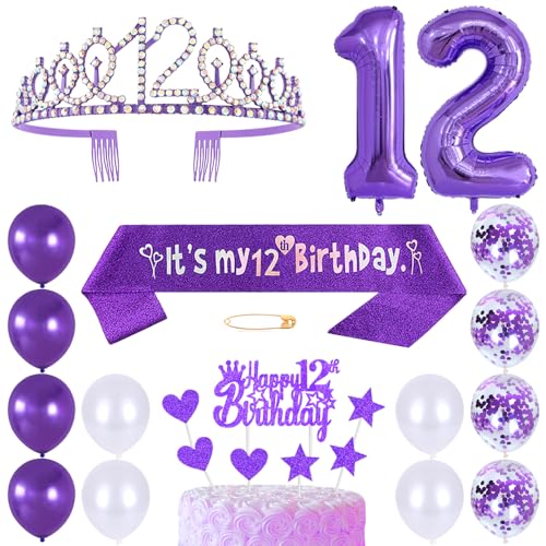 12. Geburtstags Krone Schärpe Mädchen Kristall Queen Tiara Princess Crown 12 Jahre Geburtstag Tortendeko Helium Foil Ballons Lila Luftballon Zahl 12 Geburtstagsdeko für Mädchen Party Dekorations von Huture