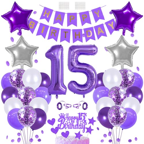 15 Geburtstags Deko 15 Jahre Geburtstag Tortendeko Junge 15th Geburtstag Dekoration Lila Kuchendeko Happy Birthday Banner Luftballon Zahl 15. Geburtstagsdeko für Jungen Mädchen Party Dekorations von Huture