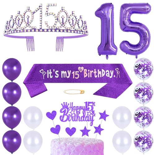 15. Geburtstags Krone Schärpe Mädchen Kristall Queen Tiara Princess Crown 15 Jahre Geburtstag Tortendeko Helium Foil Ballons Lila Luftballon Zahl 15 Geburtstagsdeko für Mädchen Party Dekorations von Huture