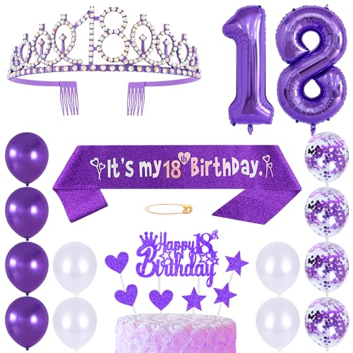 18. Geburtstags Krone Schärpe Mädchen Kristall Queen Tiara Princess Crown 18 Jahre Geburtstag Tortendeko Helium Foil Ballons Lila Luftballon Zahl 18 Geburtstagsdeko für Mädchen Party Dekorations von Huture