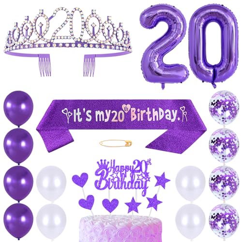 20. Geburtstags Krone Schärpe Frauen Kristall Queen Tiara Princess Crown 20 Jahre Geburtstag Tortendeko Helium Foil Ballons Lila Luftballon Zahl 20 Geburtstagsdeko für Damen Party Dekorations von Huture