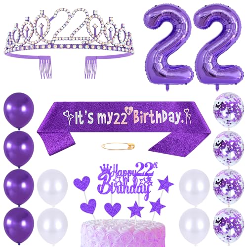 22. Geburtstags Krone Schärpe Frauen Kristall Queen Tiara Princess Crown 22 Jahre Geburtstag Tortendeko Helium Foil Ballons Lila Luftballon Zahl 22 Geburtstagsdeko für Damen Party Dekorations von Huture