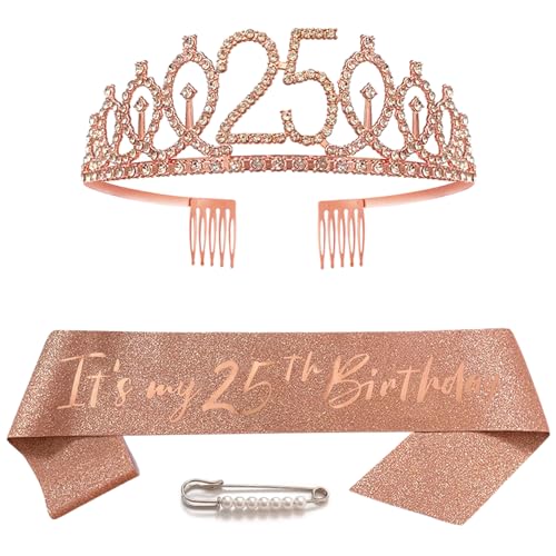 25. Geburtstag Schärpe Krone für Mädchen Roségold Kristall Queen Tiara Princess Crown 25th Birthday Schärpe 25. Geburtstagskrone Birthday Party Accessoires Geburtstagsdeko 25th Geburtstagsgeschenk von Huture