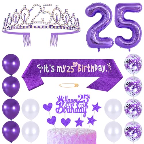 25. Geburtstags Krone Schärpe Frauen Kristall Queen Tiara Princess Crown 25 Jahre Geburtstag Tortendeko Helium Foil Ballons Lila Luftballon Zahl 25 Geburtstagsdeko für Damen Party Dekorations von Huture