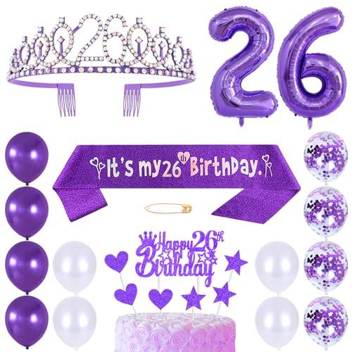 26. Geburtstags Krone Schärpe Frauen Kristall Queen Tiara Princess Crown 26 Jahre Geburtstag Tortendeko Helium Foil Ballons Lila Luftballon Zahl 26 Geburtstagsdeko für Damen Party Dekorations von Huture