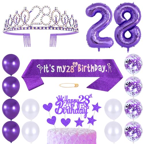 28. Geburtstags Krone Schärpe Frauen Kristall Queen Tiara Princess Crown 28 Jahre Geburtstag Tortendeko Helium Foil Ballons Lila Luftballon Zahl 28 Geburtstagsdeko für Damen Party Dekorations von Huture