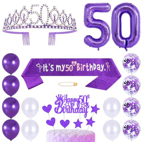 50. Geburtstags Krone Schärpe Frauen Kristall Queen Tiara Princess Crown 50 Jahre Geburtstag Tortendeko Helium Foil Ballons Lila Luftballon Zahl 50 Geburtstagsdeko für Damen Party Dekorations von Huture