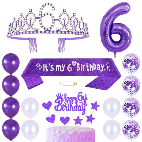 6. Geburtstags Krone Schärpe Mädchen Kristall Queen Tiara Princess Crown 6 Jahre Geburtstag Tortendeko Helium Foil Ballons Lila Luftballon Zahl 6 Geburtstagsdeko für Mädchen Party Dekorations von Huture