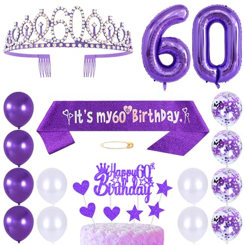 60. Geburtstags Krone Schärpe Frauen Kristall Queen Tiara Princess Crown 60 Jahre Geburtstag Tortendeko Helium Foil Ballons Lila Luftballon Zahl 60 Geburtstagsdeko für Damen Party Dekorations von Huture