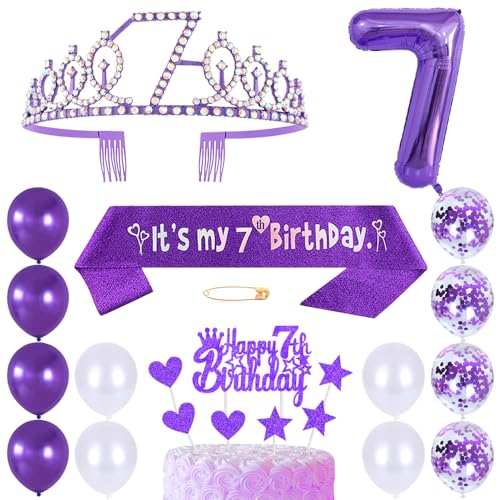 7. Geburtstags Krone Schärpe Mädchen Kristall Queen Tiara Princess Crown 7 Jahre Geburtstag Tortendeko Helium Foil Ballons Lila Luftballon Zahl 7 Geburtstagsdeko für Mädchen Party Dekorations von Huture