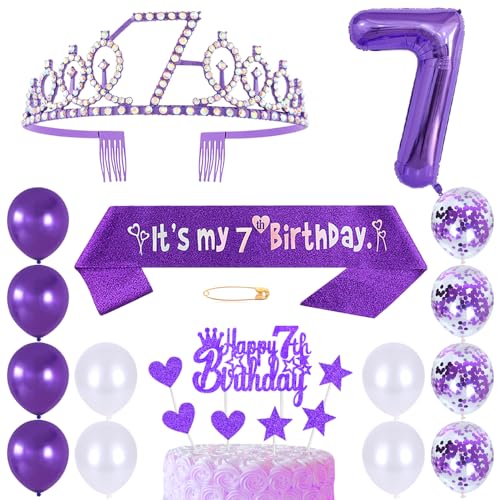 7. Geburtstags Krone Schärpe Mädchen Kristall Queen Tiara Princess Crown 7 Jahre Geburtstag Tortendeko Helium Foil Ballons Lila Luftballon Zahl 7 Geburtstagsdeko für Mädchen Party Dekorations von Huture