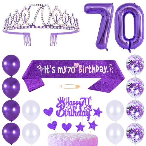 70. Geburtstags Krone Schärpe Frauen Kristall Queen Tiara Princess Crown 70 Jahre Geburtstag Tortendeko Helium Foil Ballons Lila Luftballon Zahl 70 Geburtstagsdeko für Damen Party Dekorations von Huture