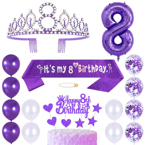 8. Geburtstags Krone Schärpe Mädchen Kristall Queen Tiara Princess Crown 8 Jahre Geburtstag Tortendeko Helium Foil Ballons Lila Luftballon Zahl 8 Geburtstagsdeko für Mädchen Party Dekorations von Huture