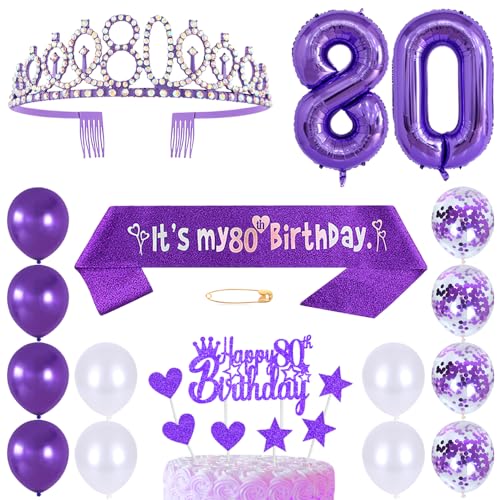 80. Geburtstags Krone Schärpe Frauen Kristall Queen Tiara Princess Crown 80 Jahre Geburtstag Tortendeko Helium Foil Ballons Lila Luftballon Zahl 80 Geburtstagsdeko für Damen Party Dekorations von Huture