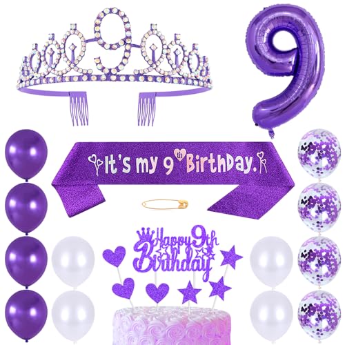 9. Geburtstags Krone Schärpe Mädchen Kristall Queen Tiara Princess Crown 9 Jahre Geburtstag Tortendeko Helium Foil Ballon Lila Luftballon Zahl 9 Geburtstagsdeko für Mädchen Party Dekorations von Huture