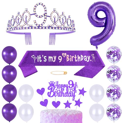 9. Geburtstags Krone Schärpe Mädchen Kristall Queen Tiara Princess Crown 9 Jahre Geburtstag Tortendeko Helium Foil Ballons Lila Luftballon Zahl 9 Geburtstagsdeko für Mädchen Party Dekorations von Huture