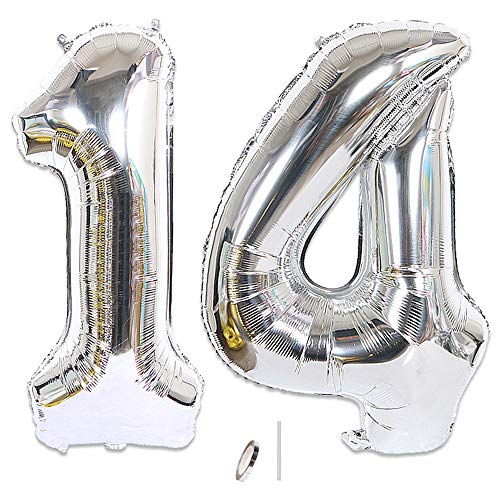 Huture 2 Luftballons Zahl 14 Figuren Aufblasbar Helium Folienballon Große Folienmylar Ballons Riesen Silber Ballons 40 Zoll Luftballons Zahl für Geburtstag Party Dekoration Abschlussball XXL 100cm von Huture