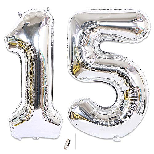 Huture 2 Luftballons Zahl 15 Figuren Aufblasbar Helium Folienballon Große Folienmylar Ballons Riesen Silber Ballons 40 Zoll Luftballons Zahl für Geburtstag Party Dekoration Abschlussball XXL 100cm von Huture