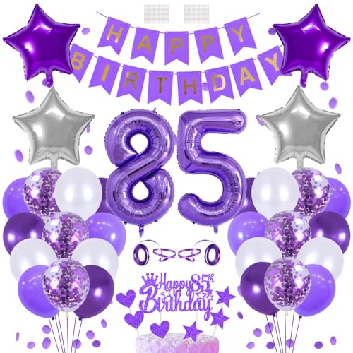 Huture 85 Geburtstags Deko 85 Jahre Geburtstag Tortendeko Frau 85th Geburtstag Dekoration Lila Kuchendeko Happy Birthday Banner Luftballon Zahl 85. Geburtstagsdeko für Frau Männer Party Dekorations von Huture