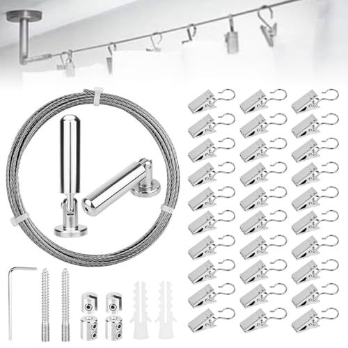 Huucozn 5m Wandhalterung Set mit 30 Stück Metall Clips Haken Einstellbar Stahlseil Gardinenseil Edelstahl Vorhangdraht Gardine Stahlseil für Vorhang Wäscheleine Spanndraht Foto-Draht Duschvorhänge Huucozn 5m Wandhalterung Set mit 30 Stück Metall Clips Haken Einstellbar Stahlseil Gardinenseil Edelstahl Vorhangdraht Gardine Stahlseil für Vorhang Wäscheleine Spanndraht Foto-Draht Duschvorhänge von Huucozn
