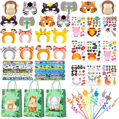 Dschungelsafari-Partygeschenke, 60 Stück, Tier-Partytütenfüller, Safari-Partytüten, aufblasbare Stirnbänder, Masken, Stroh usw., Dschungelsafari-Geburtstagsparty-Geschenke für von Huxolynifty