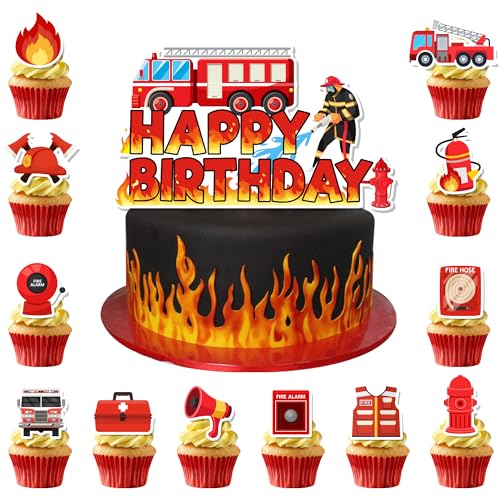 Feuerwehr-Kuchenaufsatz, Feuerwehrmann-Geburtstagskuchenaufsatz-Set, Feuerwehrmann-Party, Cupcake-Topper und Feuerwehrauto-Kuchenaufsätze für Feuerwehrmann-Party-Dekorationen und Feuerwehr-Kuchenaufsatz, Feuerwehrmann-Geburtstagskuchenaufsatz-Set, Feuerwehrmann-Party, Cupcake-Topper und Feuerwehrauto-Kuchenaufsätze für Feuerwehrmann-Party-Dekorationen und von Huxolynifty