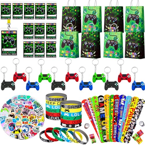 Videospiel Party Mitgebsel,110pcs Videospiel Themen Mitgebsel Set- Spiel Schlüsselanhänger Silicone Wristbands Slap Streifen Aufkleber & Gaming Party Geschenktüten etc Videospiel Themen Partyzubehör von Huxolynifty