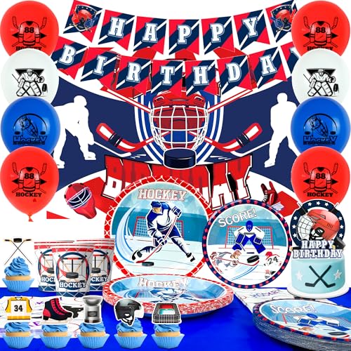 Hockey-Geburtstagsdekorationen, 108-teiliges Hockey-Party-Dekorationen und Hockey-Geschirr-Set – Party-Ballon-Banner, Hintergrund und Hockey-Teller, Servietten, Tischdecke usw Hockey-Geburtstagsdekorationen, 108-teiliges Hockey-Party-Dekorationen und Hockey-Geschirr-Set – Party-Ballon-Banner, Hintergrund und Hockey-Teller, Servietten, Tischdecke usw von Huxolynifty