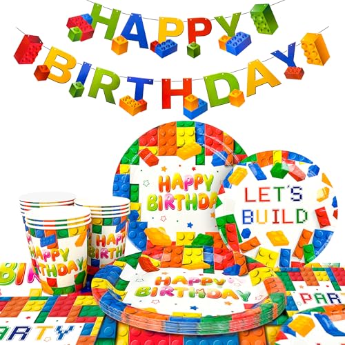 133pcs Baustein Geburtstag Dekoration Baustein Geburtstag Partygeschirr Baustein Party Teller Bausteine Servietten Becher Tischdecke Banner etc Baustein Partyzubehör für 16 Kinder von Huxolynifty