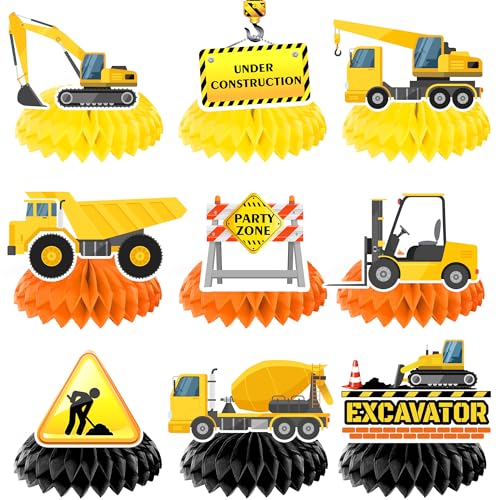 Huxolynifty Technisches Baufahrzeug Waben Tischdek, 9pcs Baumeister Party Tischaufsätze Kreative Tischdekoration für BAU Geburtstag Party Supplies von Huxolynifty