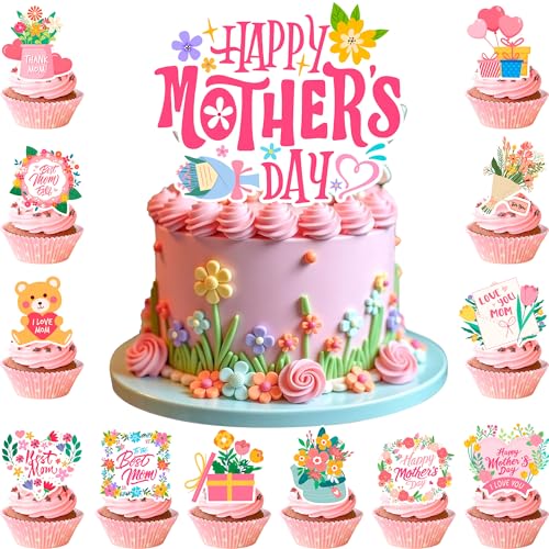 Muttertags Cake Topper, 25 Pcs Tortendeko Set - Muttertag Cupcake Topper & Happy Mothers Day Cake Topper für Partydekorationen zum Muttertag von Huxolynifty
