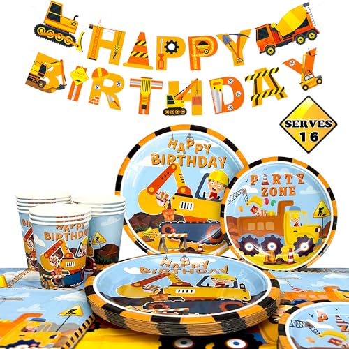 Partyzubehör, 66-teiliges Bau-Partygeschirr-Set, Bau, Geburtstag, Party, Teller, Becher, Servietten, Tischdecke mit Banner, etc., Bagger-Partyzubehör, Dekorationen, für 16 Personen Partyzubehör, 66-teiliges Bau-Partygeschirr-Set, Bau, Geburtstag, Party, Teller, Becher, Servietten, Tischdecke mit Banner, etc., Bagger-Partyzubehör, Dekorationen, für 16 Personen von Huxolynifty