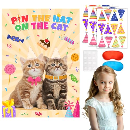 Pin The Hat on The Cat Party-Spiele, 7-teiliges Katzengeburtstagsparty-Spiel-Set – Poster Augenbinde & Hutaufkleber etc. Kätzchen-Geburtstagsparty-Zubehör von Huxolynifty