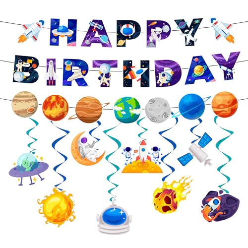 Weltraum Geburtstag Deko Set, 9Pcs Raum Hängende Spirale Weltraum Happy Birthday Banner für Weltraum Geburtstag Deko von Huxolynifty