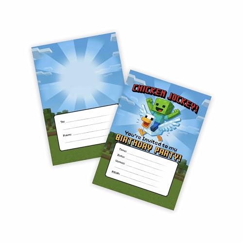 Huxters 14 Stück Huhn Jockey Spiel Themenparty Einladungen Block Video Gaming Geburtstag Kinder Party Einladungen für Jungen Kinder Supplies Blockthema Überlebensmodus (Huhn Jockey) von Huxters