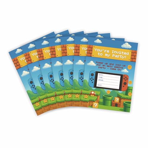 Huxters 14 Stück NS Video Gaming Geburtstag Kinder Party Einladungen für Jungen Rot Blau Spiel Thema Party Einladungen Kinderbedarf Controller doppelseitig (NS) von Huxters