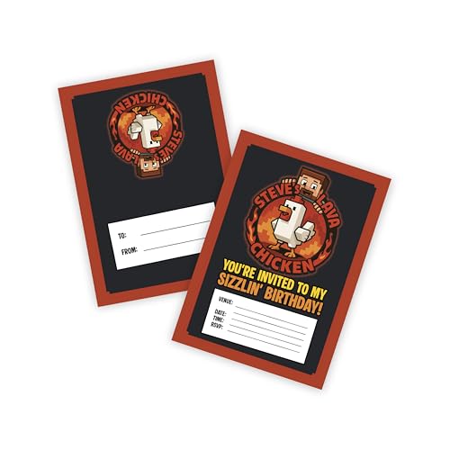 Huxters 14 Stück Steve's Lava Huhn Jockey Spiel Themenparty Einladungen Block Video Gaming Geburtstag Kinderparty Einladungen für Jungen Kinder Supplies Blockthema Überlebensmodus (Lava Huhn) von Huxters