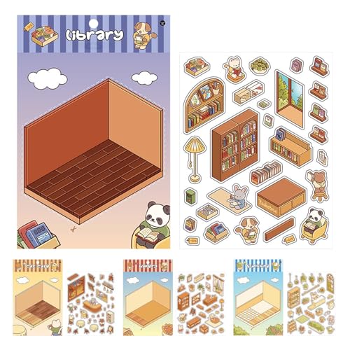 Miniatur-Szenenaufkleber – Effekt-Stressabbau-Aufkleber – Set mit 4 Haus-Szenen-Aufklebern, lustige Cartoon-Aufkleber-Szenen für Kinder und Erwachsene, kleine Raumaufkleber Miniatur-Szenenaufkleber – Effekt-Stressabbau-Aufkleber – Set mit 4 Haus-Szenen-Aufklebern, lustige Cartoon-Aufkleber-Szenen für Kinder und Erwachsene, kleine Raumaufkleber von Huyeruie