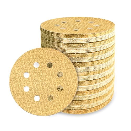 Geogieew 130 Stück 12,7 cm 8-Loch-Schleifscheiben, 12,7 cm, Klett-Schleifscheiben, Körnung 180, Diamantgelber Sand, staubfrei/verschleißfest, Latex-Papierbasis (kein Ausfransen), 135 g Rückseite für von Huzeew