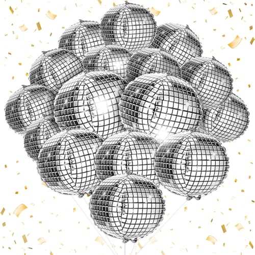 16 Stück Discokugel Deko Luftballon, Discokugeln Luftballons Silber Glitzer, Disco Kugel Deko Folienballon für Geburtstagsfeiern, Neujahrsdekorationen, Disco-Partys(10、22、32 Zoll) von HweeWanX