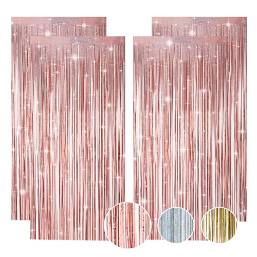 4 Stück Lametta Vorhang Rosa Gold, Glitzervorhang Lametta Luftschlangen Roségold, Curtain Lametta Rosa Gold, Glitzer Vorhang Lametta Fadenvorhang Glitzer Deko für Party Deko Geburtstag(1m x 2m) von HweeWanX